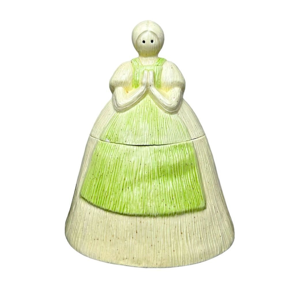 Vintage Ceramic Cookie Jar Woman Praying Hands Mint Green Apron 9" Tall